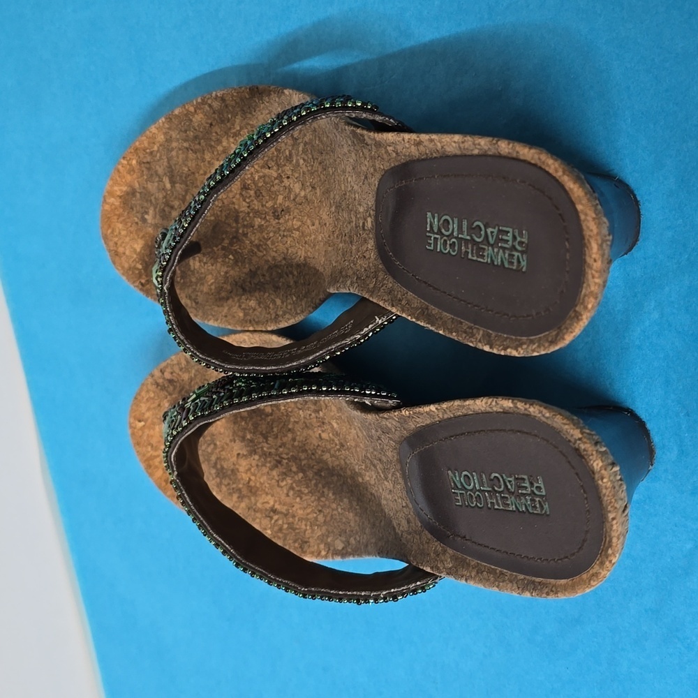 Kenneth Cole Reaction Turquoise Beaded Woven Cork Wedge Thong Sandals Shoes - Picture 6 of 11